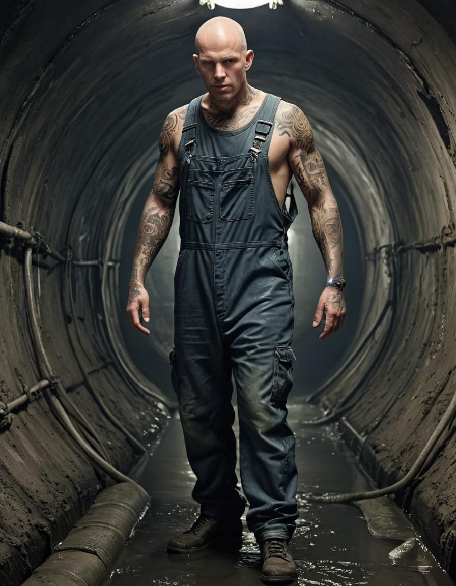 Tattooed Sewage Worker in Overalls Amidst Photorealistic Sew...