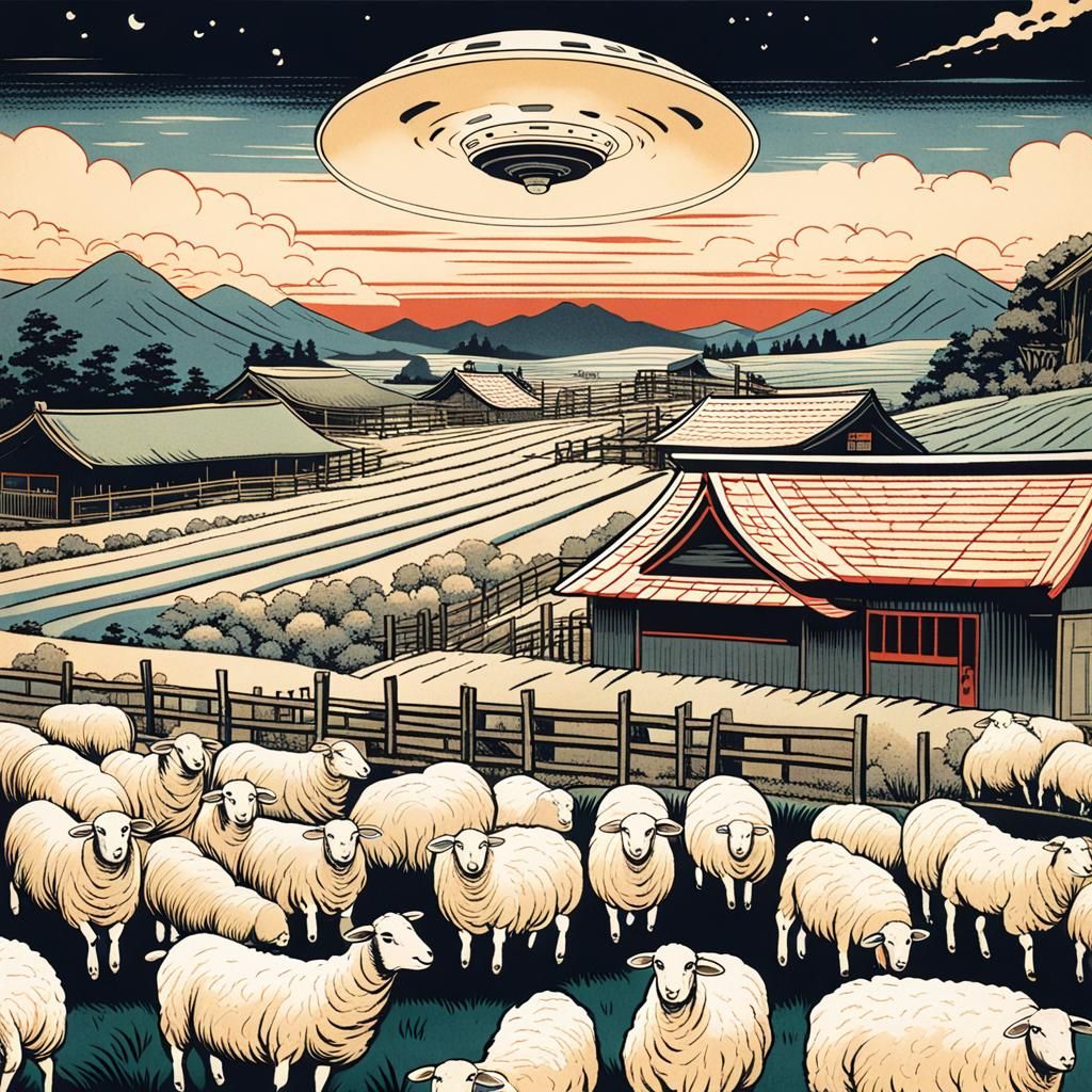 UFO over Sheep Farm in Ukiyo-e Style