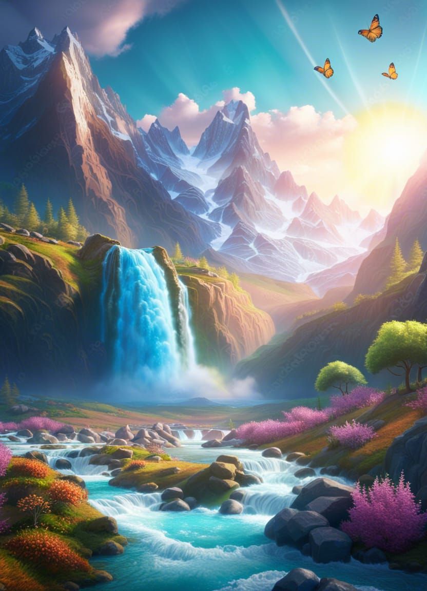Mountain Waterfall with Butterflies in Fantasy Style