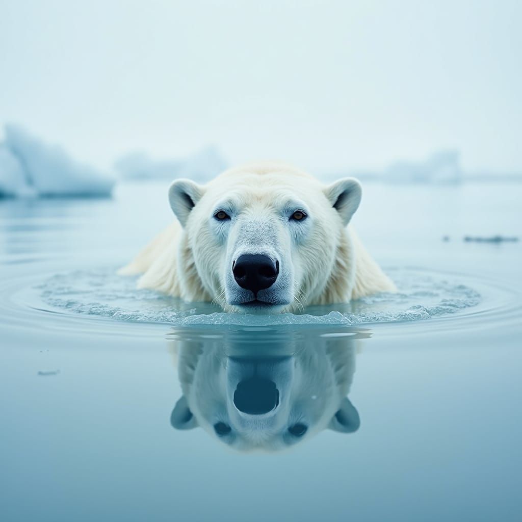 Polar Bear Face Under Ice, Minimalist Composition