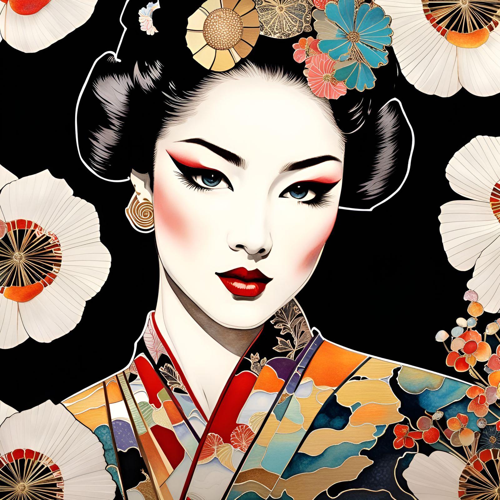 Geisha Portrait with Flowers in Leyendecker Style