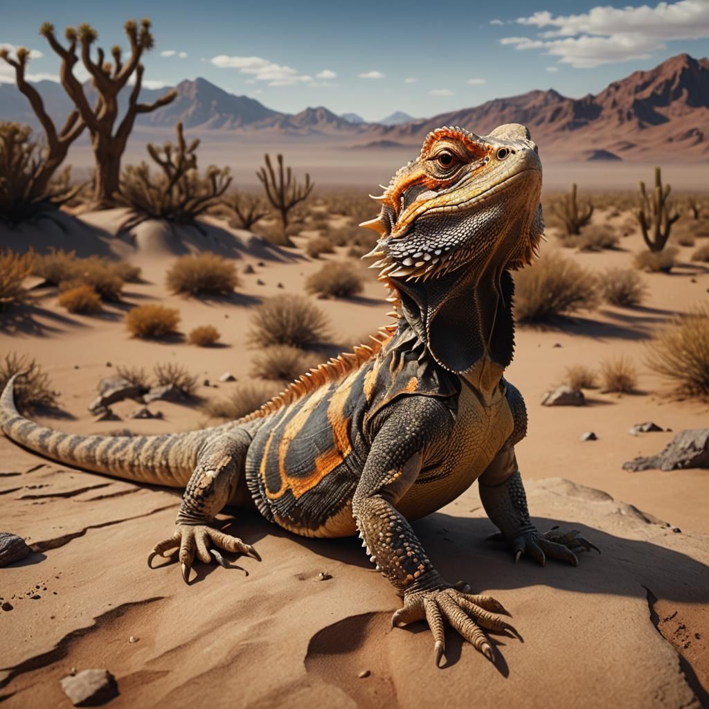 Bearded Dragon Basking in Desolate Desert Landscape