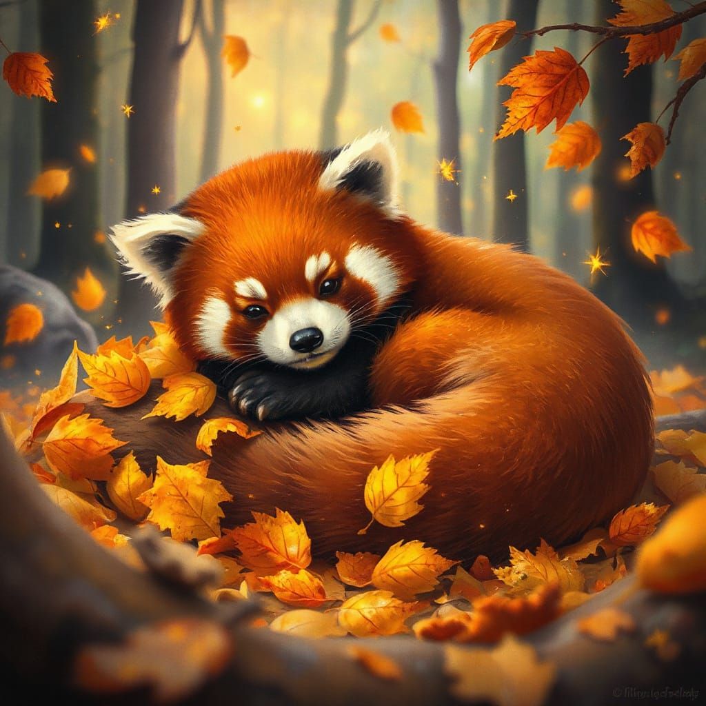Whimsical Red Panda in Magical Autumn Leaves