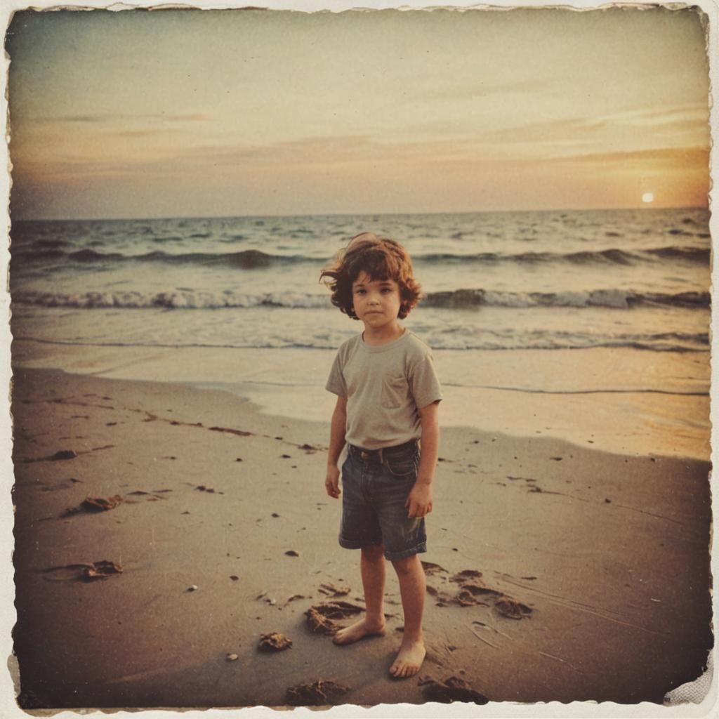 Vintage Instant Photo of Child on Beach at Sunset