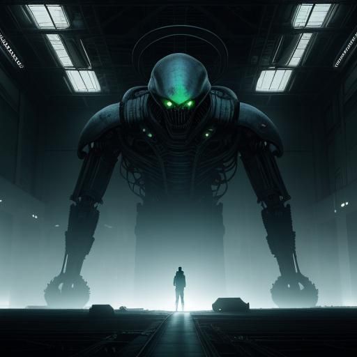 Eerie Alien in Abandoned Spaceship Hangar