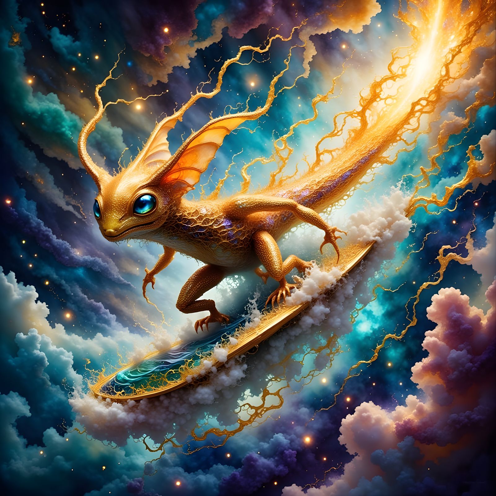 Kawaii Alien Surfer soars through Cosmic Stardust Clouds in...