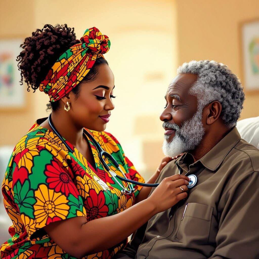 Caring Nurse Listens to Elderly Patient in African Print Scr...
