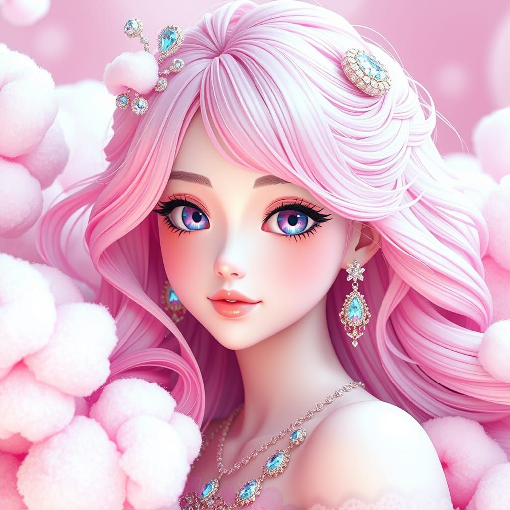 Pastel Princess with Vibrant Pink Hair in Whimsical Cotton C...