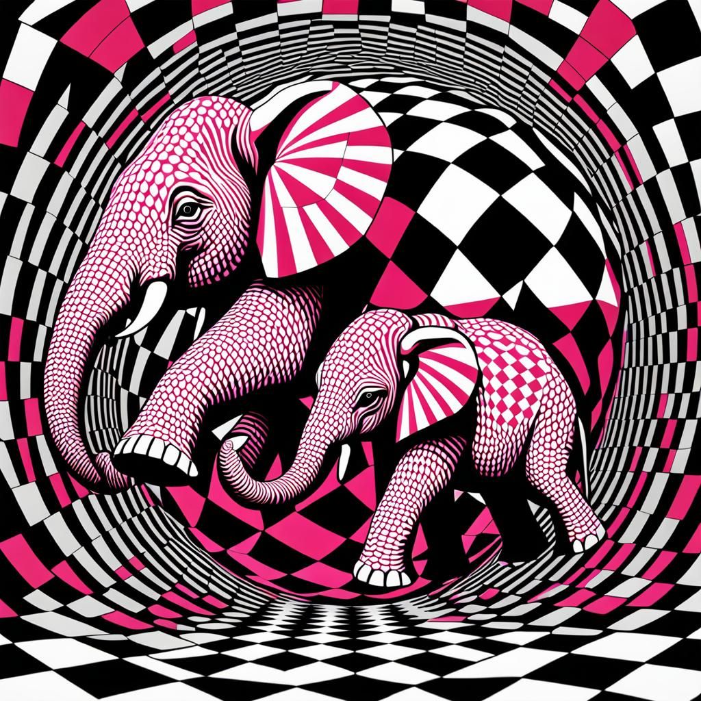Op Art Elephant and Baby with Color Splash