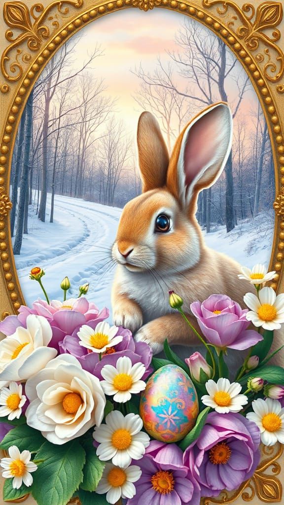 Whimsical Rabbit Scene in Vibrant Floral Wonderland