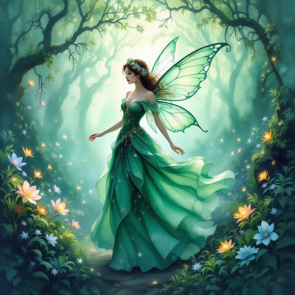 A beautiful scene of a fairy gliding through a glowing, ench...