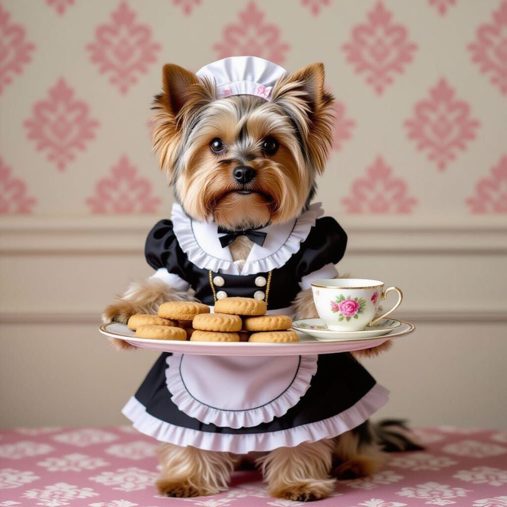 Adorable Yorkie in French Maid Outfit Serves Biscuits and Te...