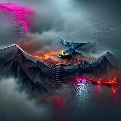Dragon Flying Near Water Volcano in Cyberpunk Style