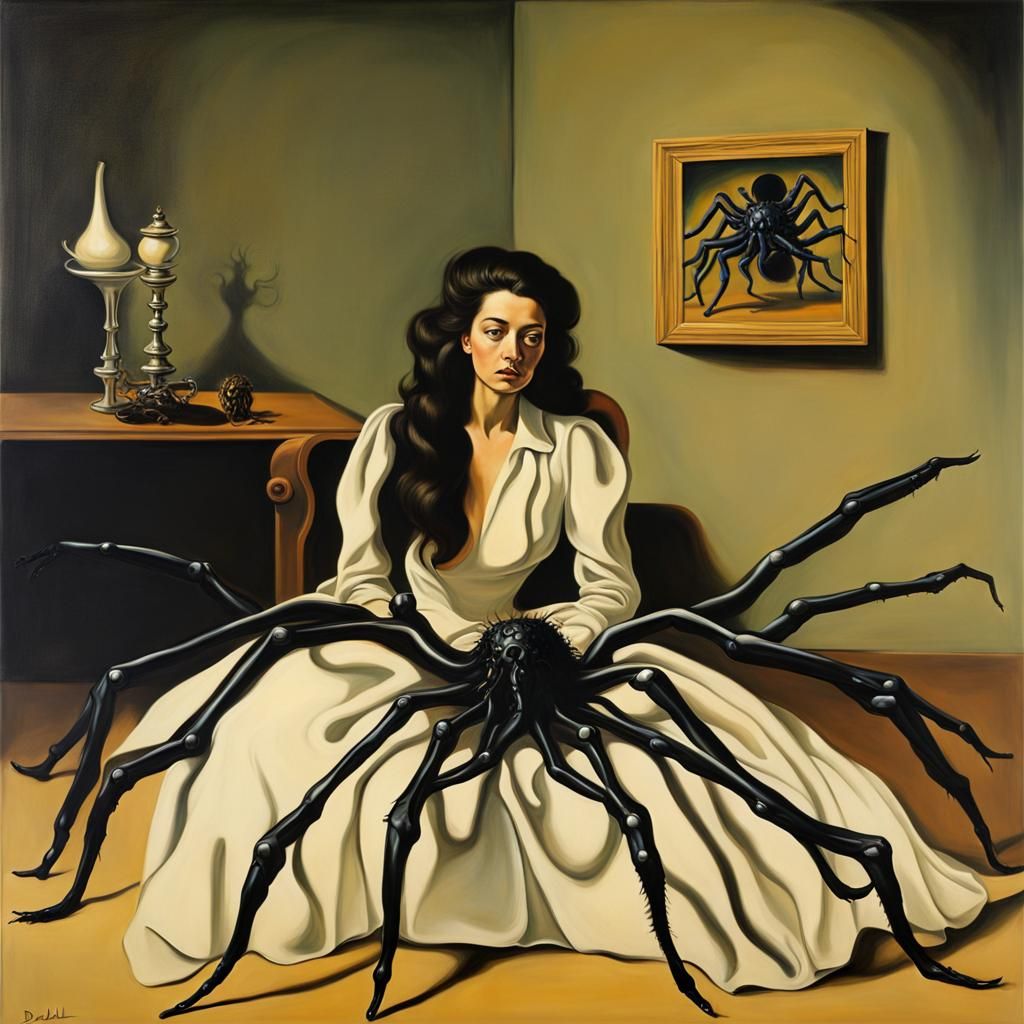 Surreal Tarantulas Capture Woman: Dali-esque Oil Painting