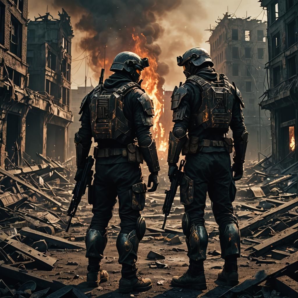 Dystopian Soldiers Face Off in Ruined Cityscape