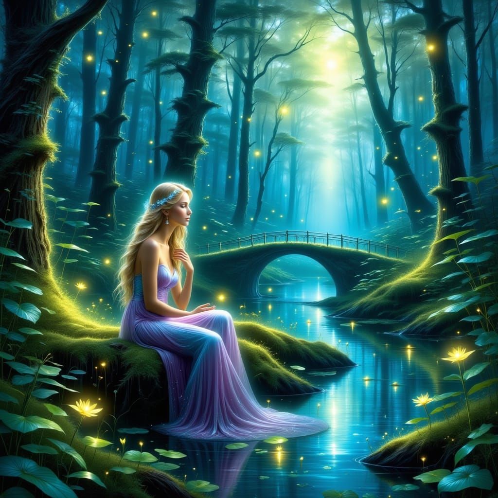 Serene Woman in Bioluminescent Forest Landscape