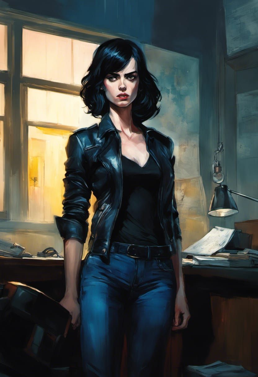 Tough Woman in Detective Office, as Colorful Comic Art