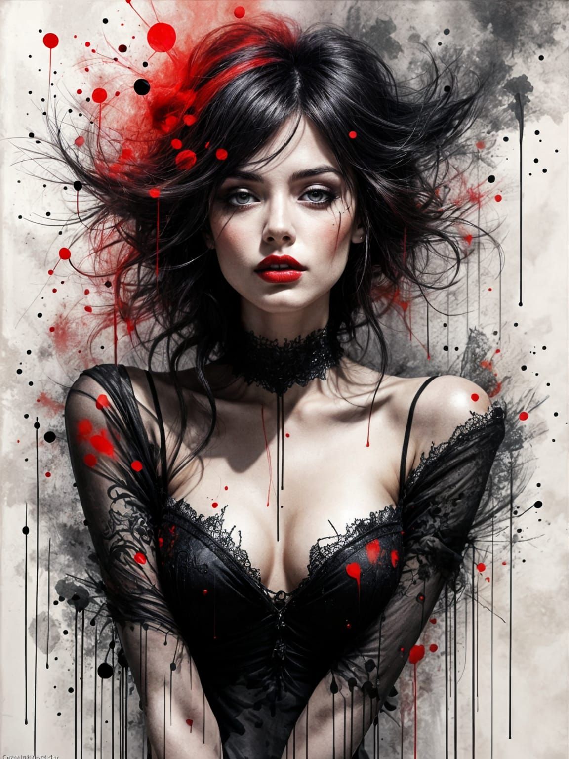 Glamorous Witch in Dripping Ink Style