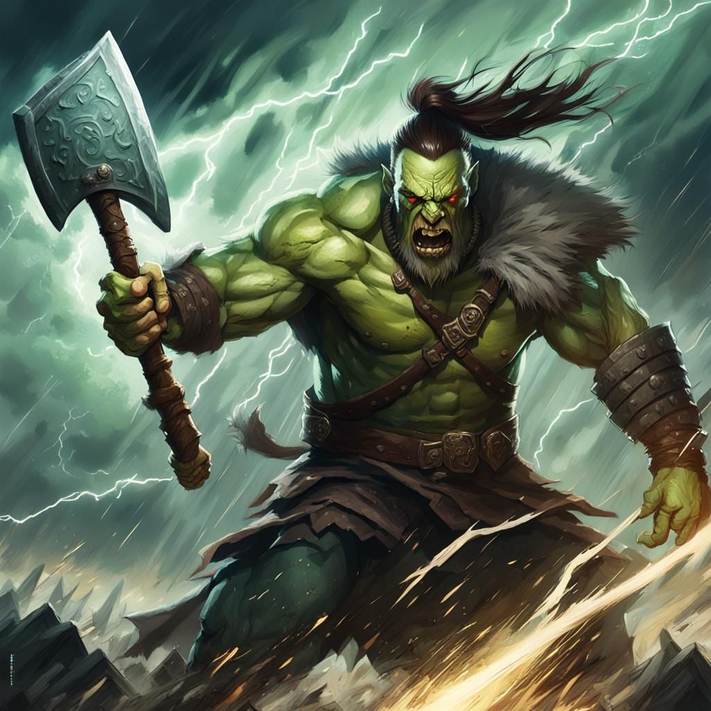 Half-Orc Berserker Rages in Stormy Fantasy Art