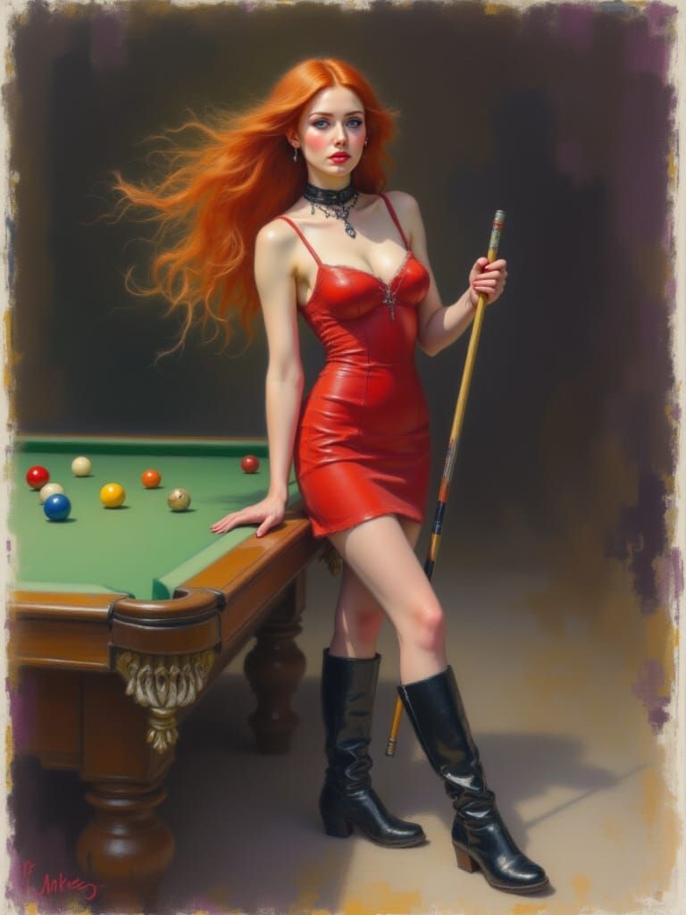 Woman with Red Hair Poses with Pool Cue in Dimly Lit Hall