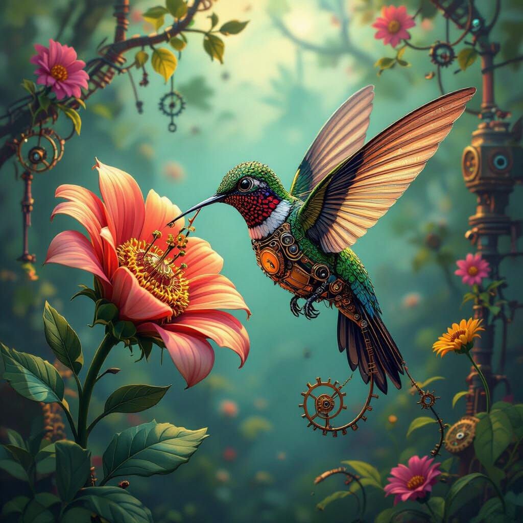 Clockwork Hummingbird in Steampunk Garden, Cartoon Art