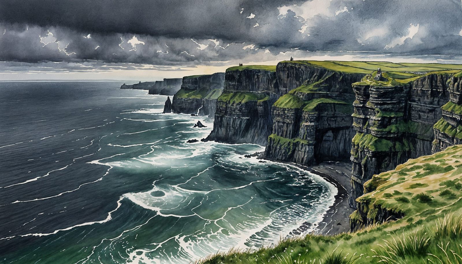 Watercolor and Ink of Ireland's Cliffs of Moher