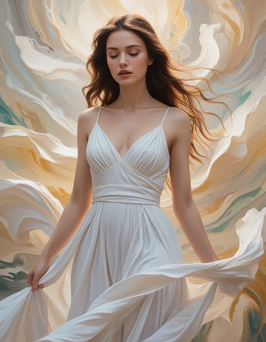 Dreamlike Surreal Oil Painting of a Young Woman in White