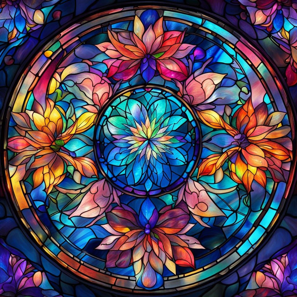 Astral Stained Glass Flowers in Holographic Style