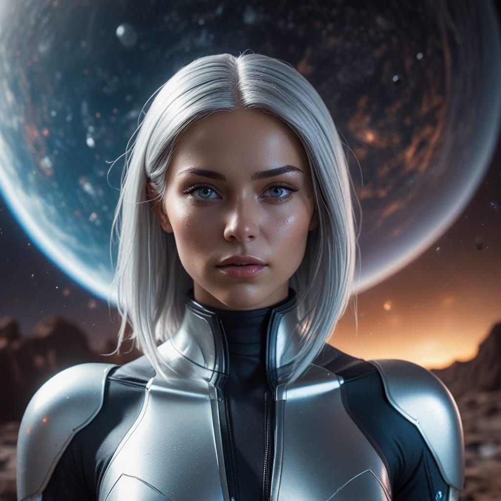 Silver Alien Woman on Exotic Planet in Cosmic Lighting
