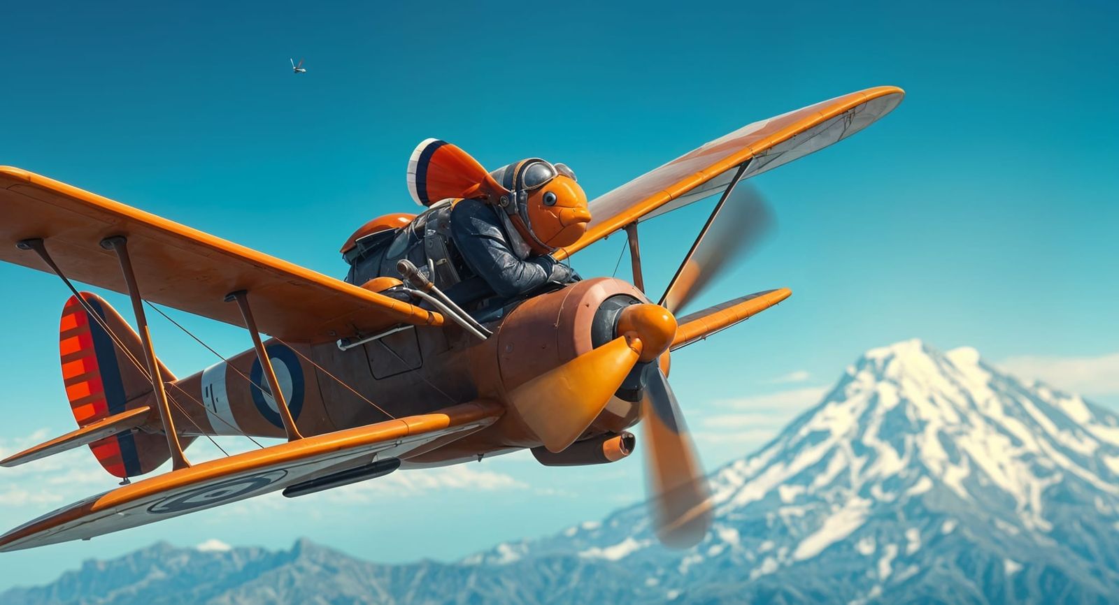 Clownfish Soars in Biplane over Mountain