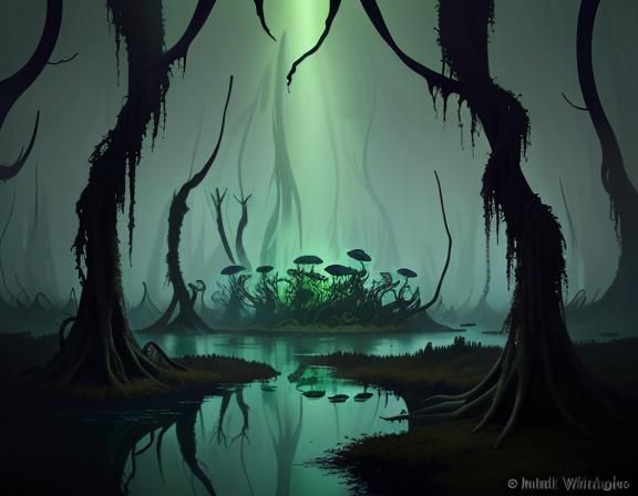 Bullywug in Murky Mangrove Swampland, Dark Fantasy Art