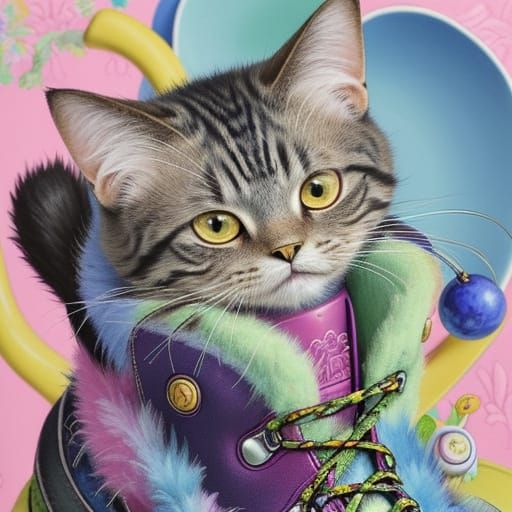 Eccentric Kawaii Cat in Boots: A Whimsical Art Piece