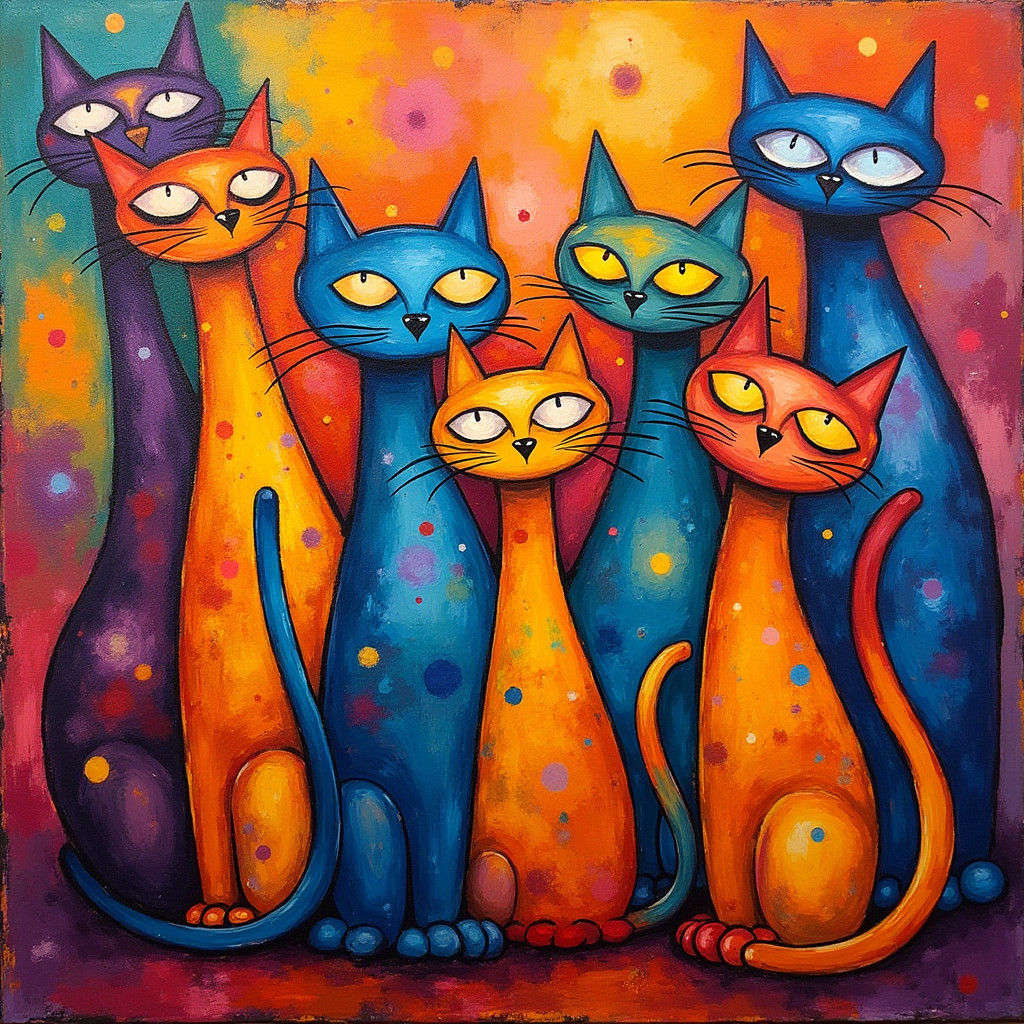 Vibrant Cats in Abstract Kaleidoscope, Expressive Painting