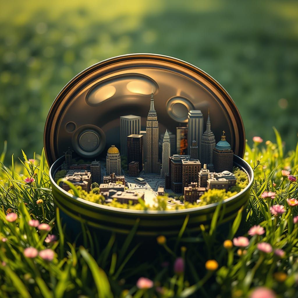 Surreal Futuristic City in a Vintage Tuna Can Lid