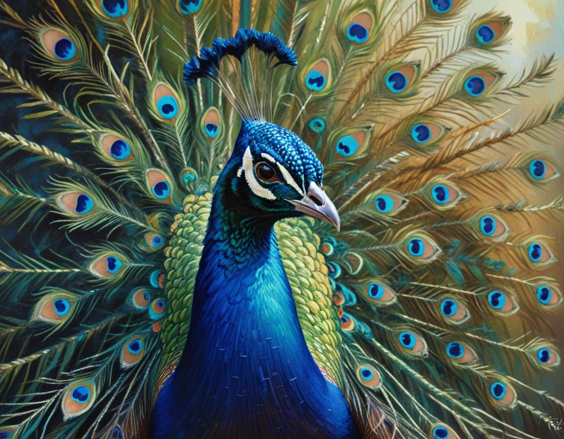 Impressionist Peacock Portrait with Vibrant Iridescent Feath...