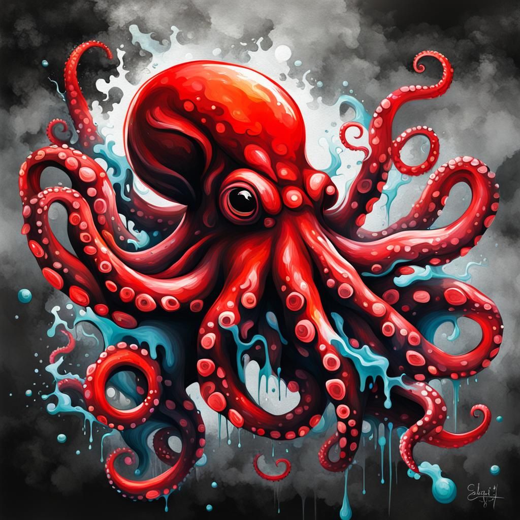 Red Octopus Graffiti Art with Black Smoke Cloud