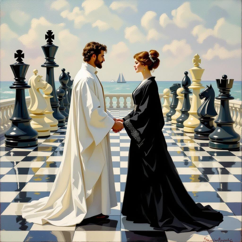 Royal Couple on Chessboard in Impressionist Style