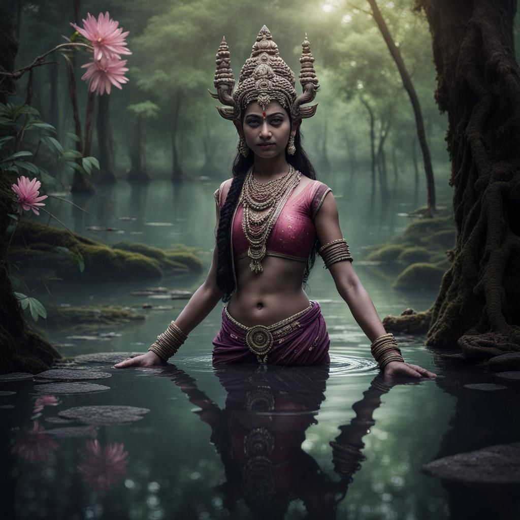 Indian Apsara: Janapadi Water Spirit in Forest Lake