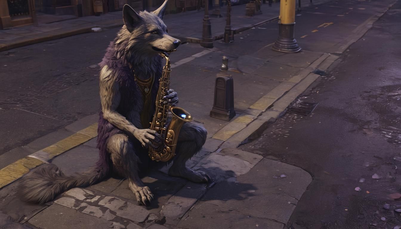 Wolf Saxophonist in Dark City: Fantasy Art Nouveau