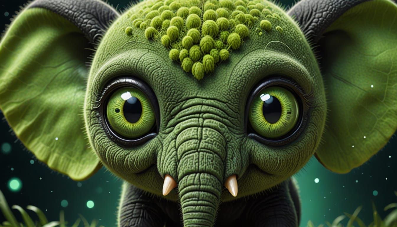 Fuzzy Green Insect Elephant Hybrid with Chibi Eyes