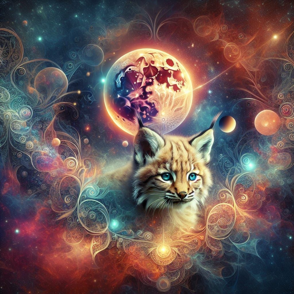 Enchanting Baby Lynx in Mystical Cosmic Scene