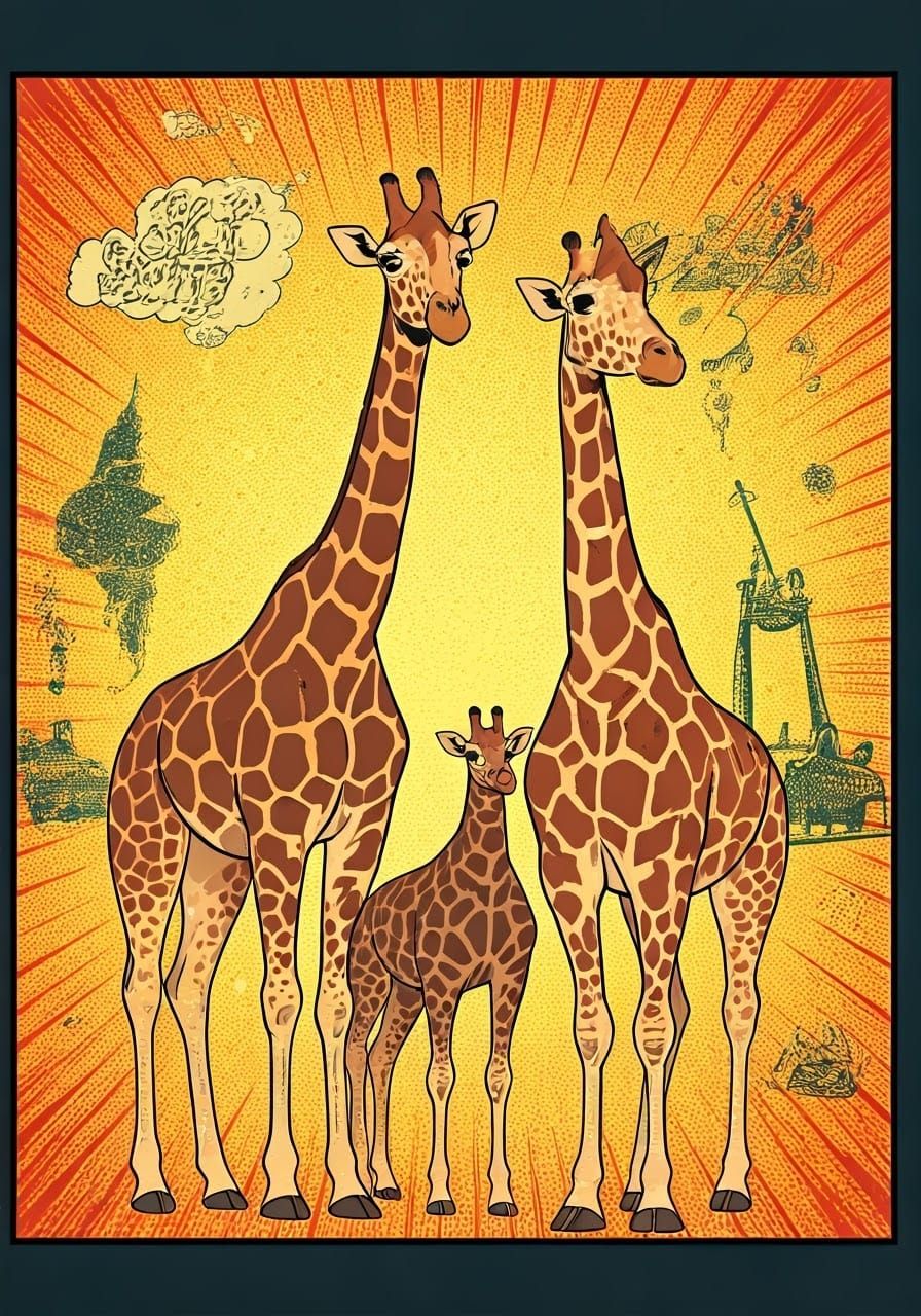 Giraffes Party in a Vibrant Comic Book Town