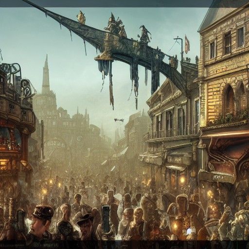 Steampunk City Crowd Gathering: Fantasy Concept Art