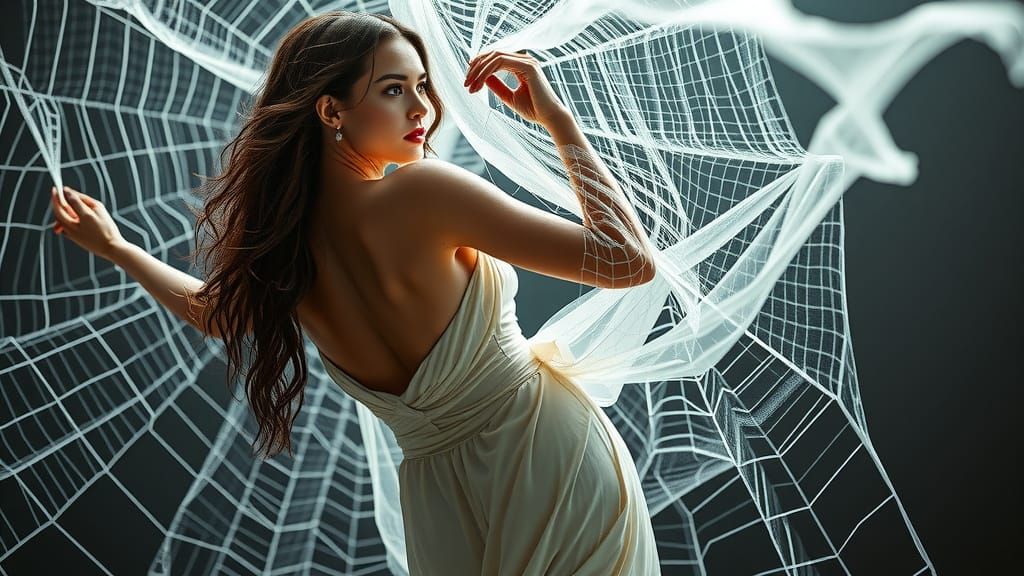 Stunning Woman Wrapped in Intricate Spider Web, Accentuating...