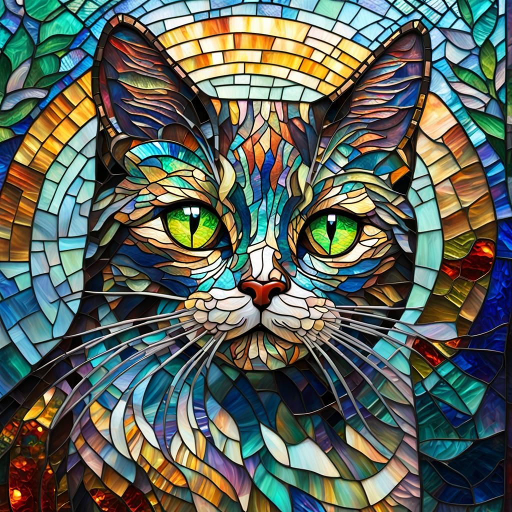 Bioluminescent flouresent irredescent cat mosaic stained gla...