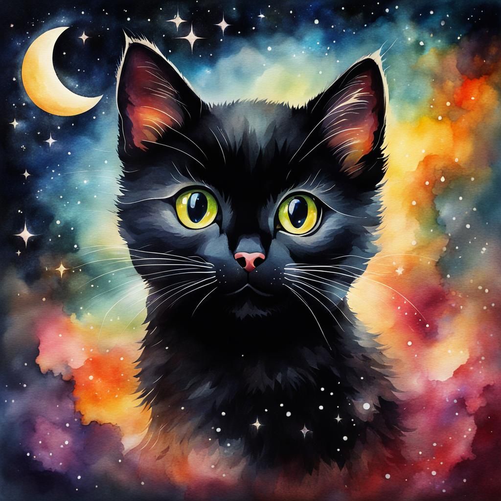 Magical Black Cat Fairy in Watercolor Style