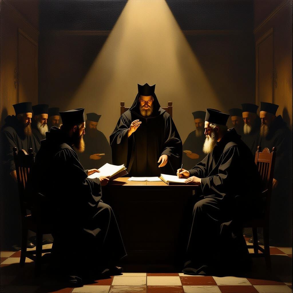 Caravaggio Style Oil Painting of a Dramatic Inquisition Scen...