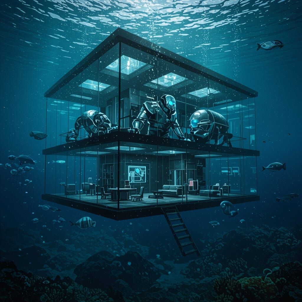 Underwater Glass Super Villain Hideout in Ocean Depths