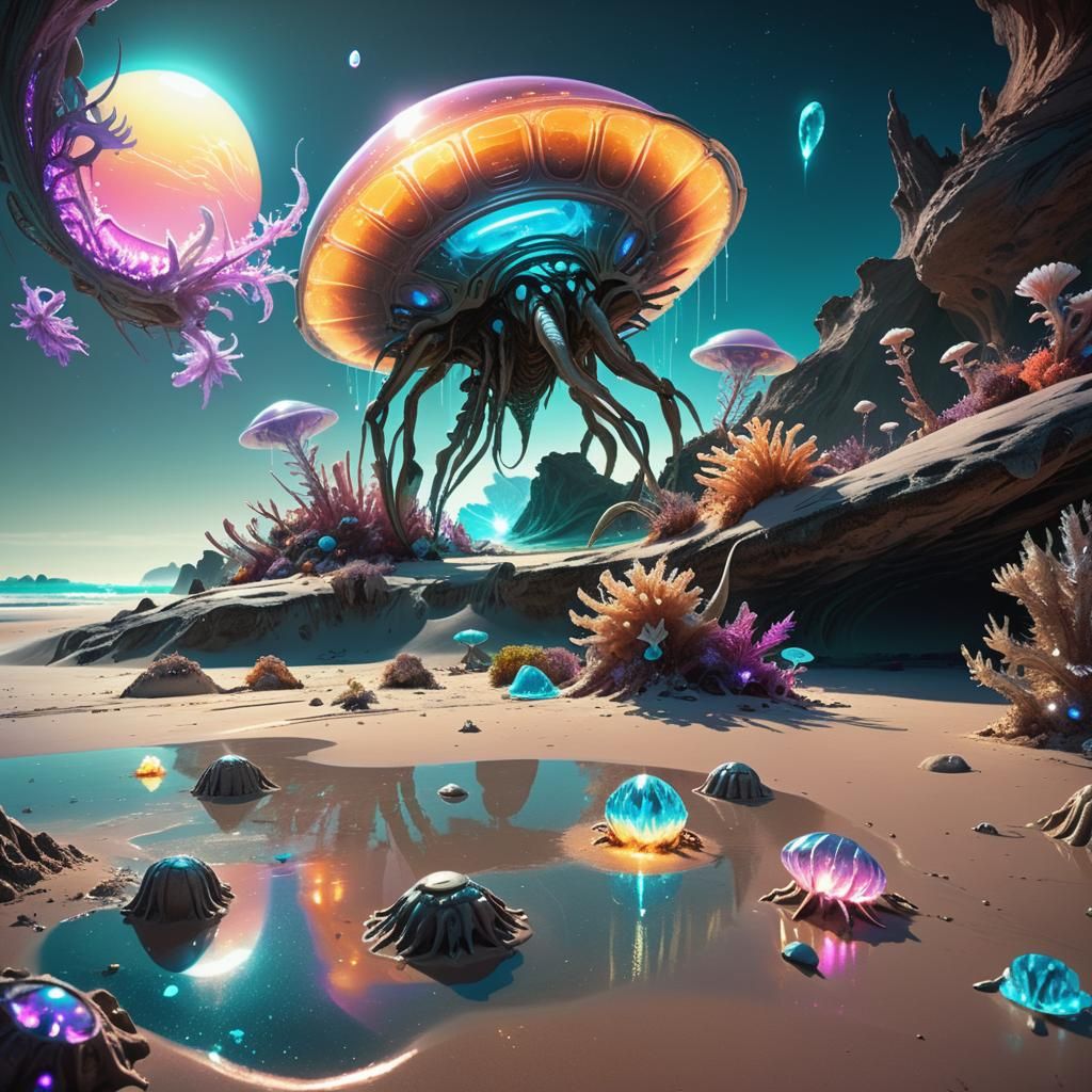 Bioluminescent Alien Beach Scene in Sci-Fi Concept Art