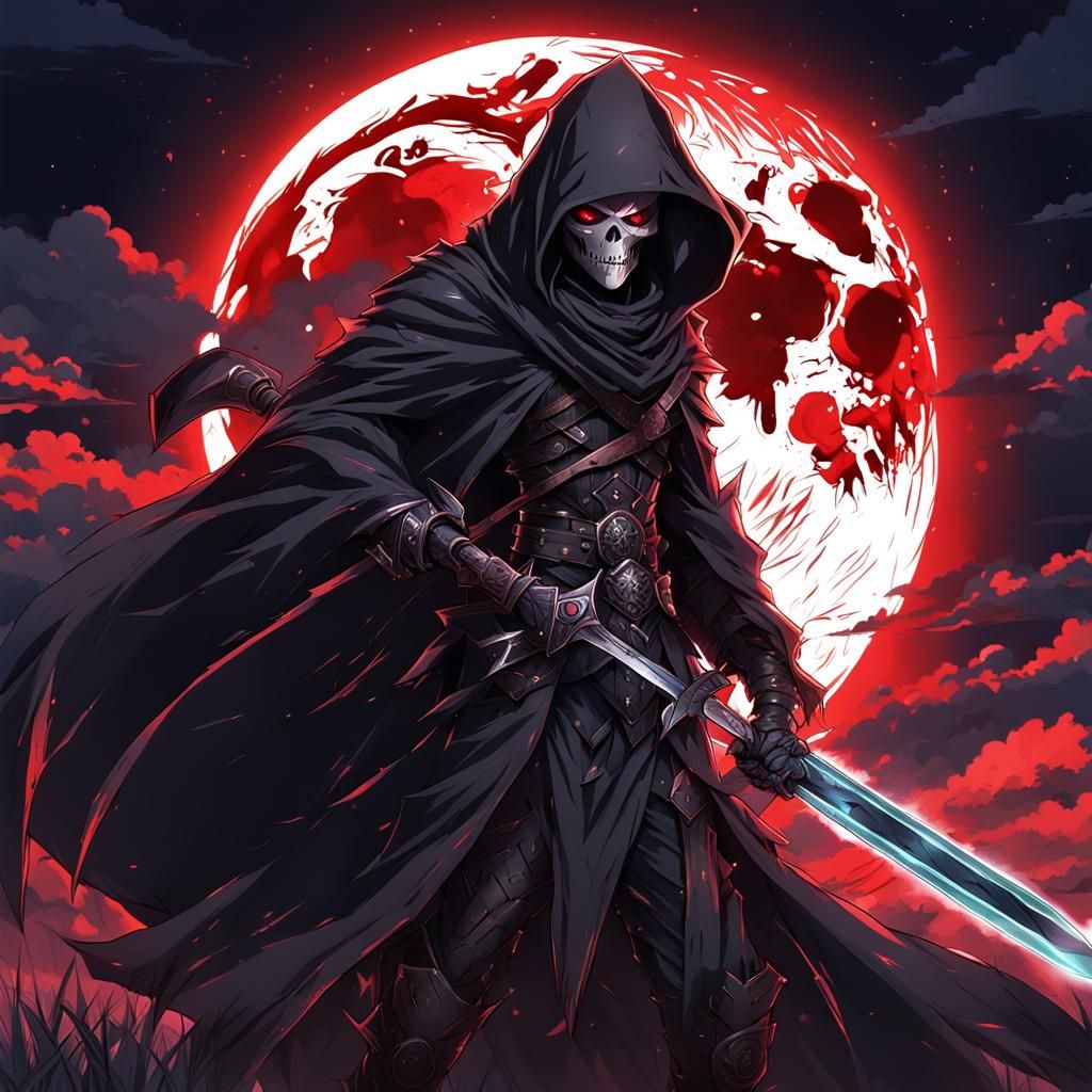Armored Grim Reaper with Glowing Sword, Anime Style